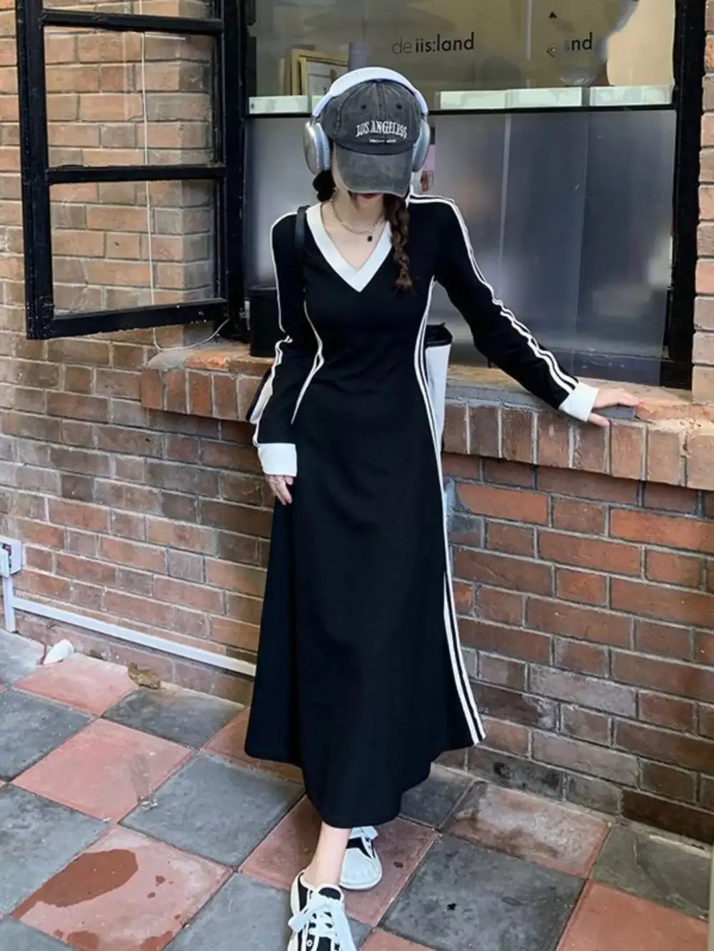 Plus Size V-Neck Long Sleeve Bodycon Midi Dress with Side Stripes