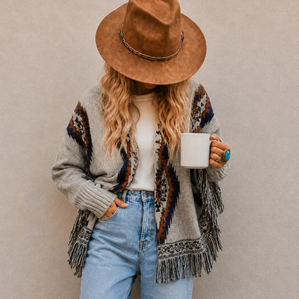 Relaxed Geometric Hooded Fringed Toggle Front Cardigan