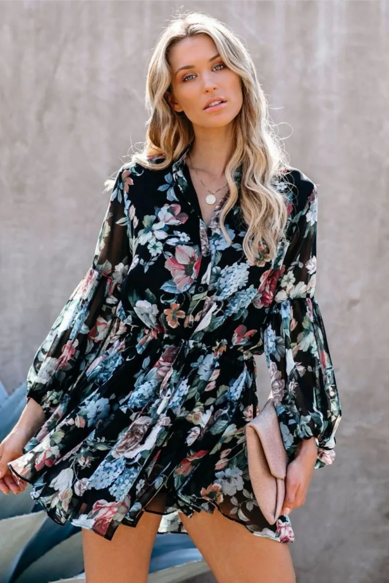 Floral Mini Long Puff Sleeves Dress
