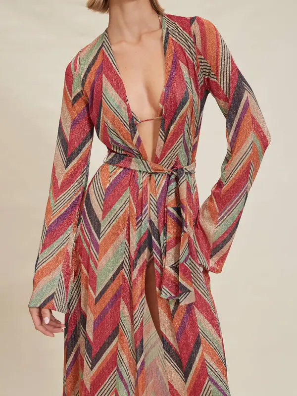 Beach Geometric Print Bell Sleeve Cardigan Midi Dress