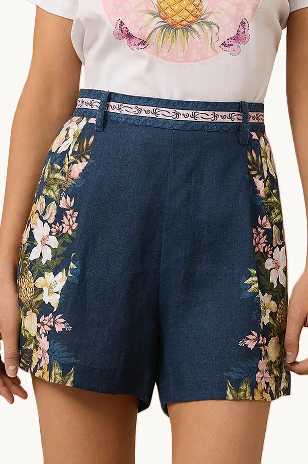 Pleated Linen Print Shorts