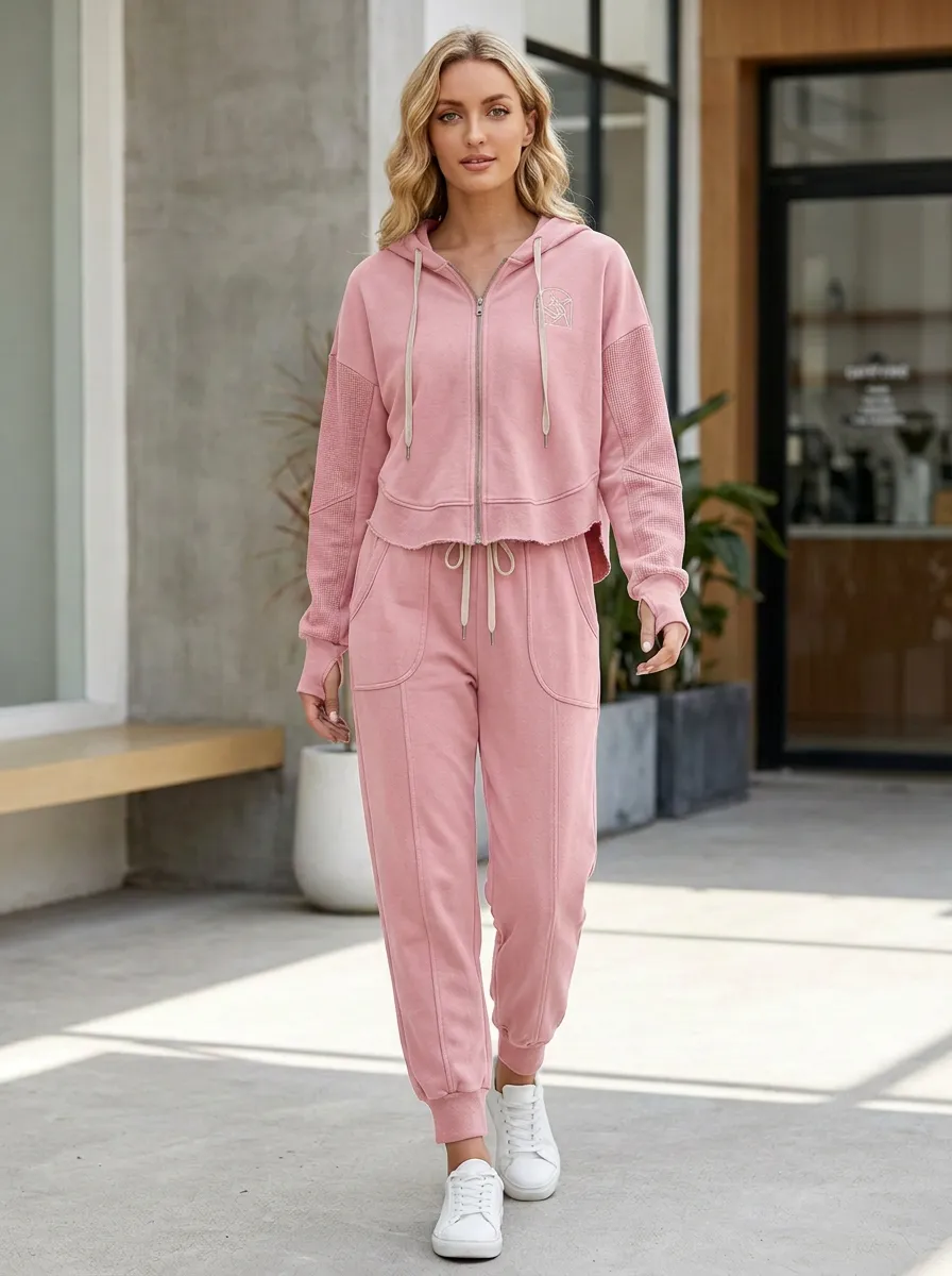 Women's Geometric Logo Grey Waffle Knit Printed Hooded Tracksuit