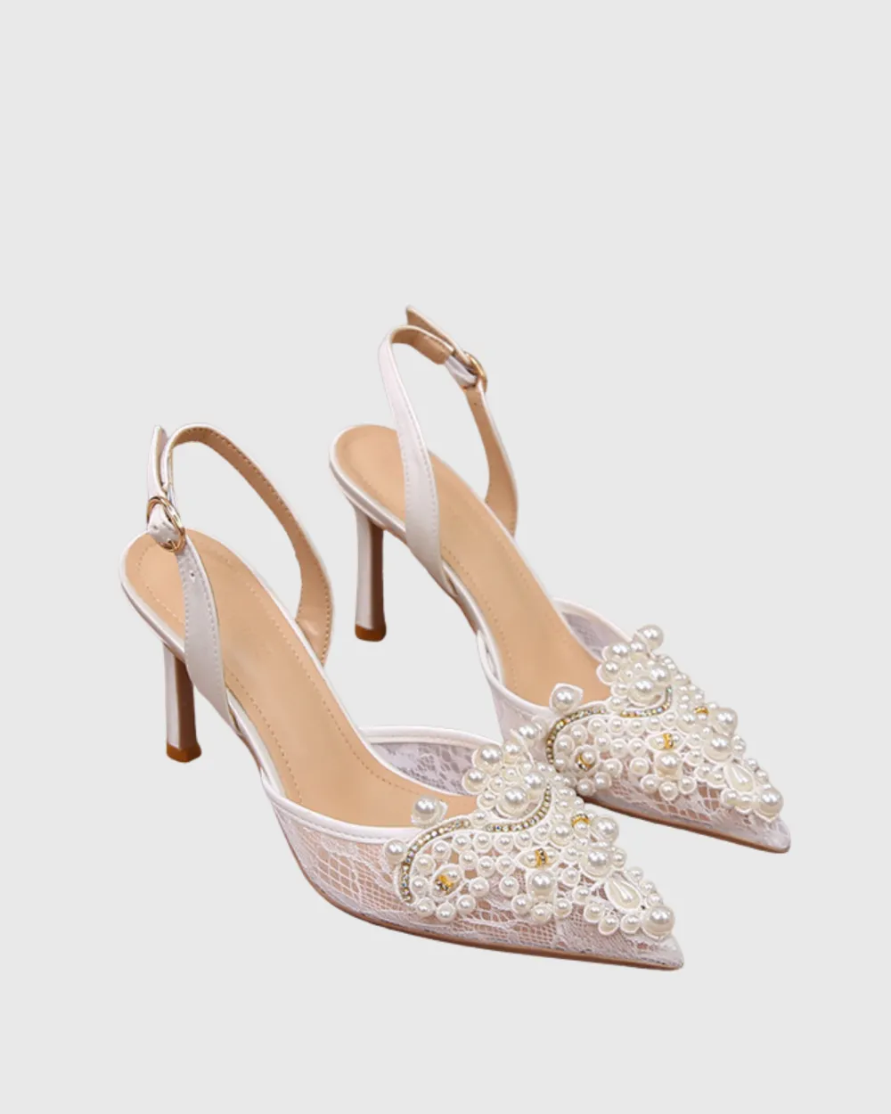 Pearl Embellisehd Lace Slingback Pumps in White