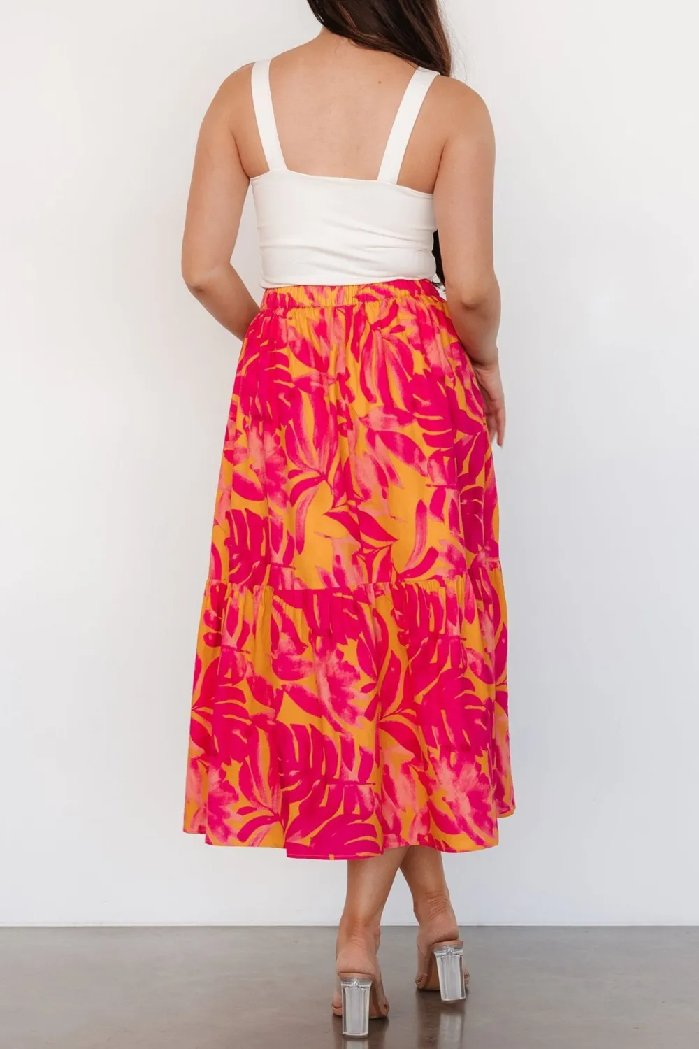 Orange Flowy High-Waisted Floral Print Skirt