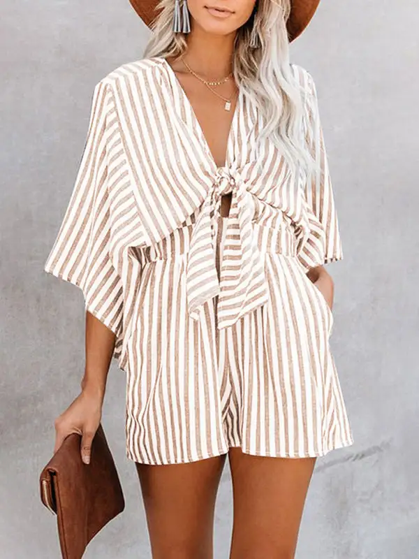 Slim Waist Striped Deep V Trumpet Jumpsuit