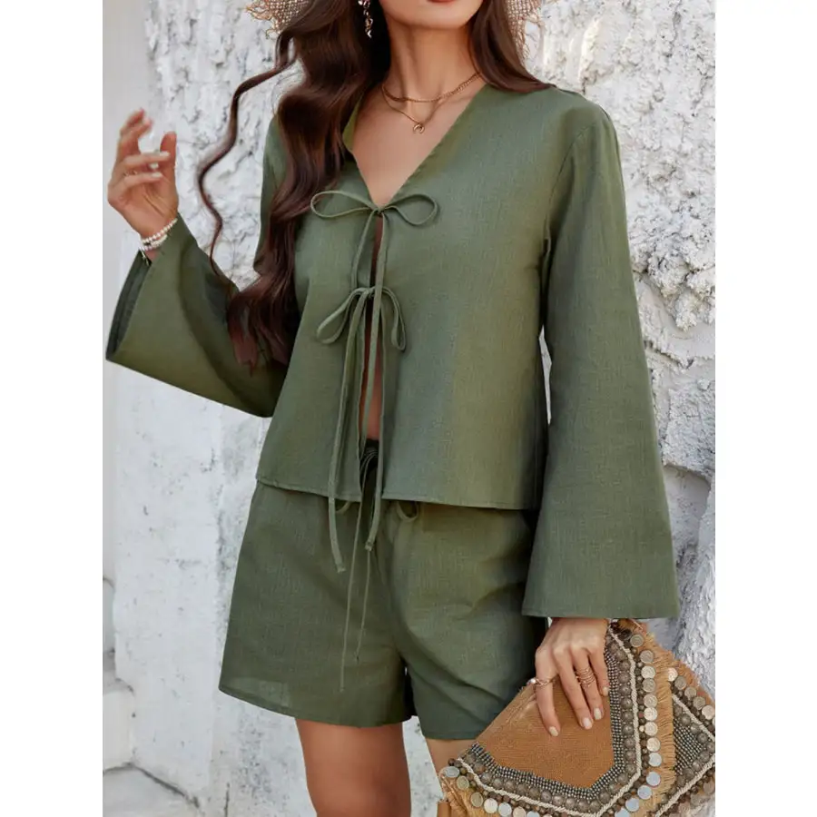 Double Tied V Neck Top and Shorts Set