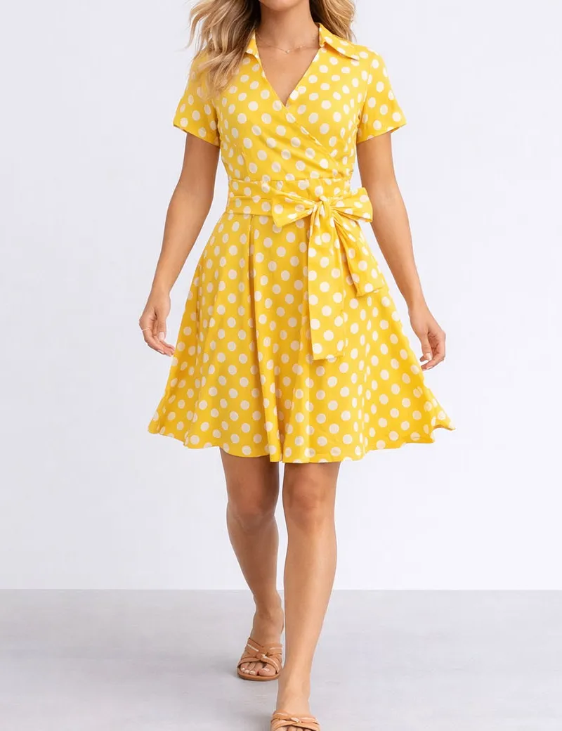 Chic Bow Polka Dot Short Sleeves Midi Dress