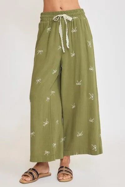 Full Size Lace Drawstring Embroidered Bow Wide Leg Pant