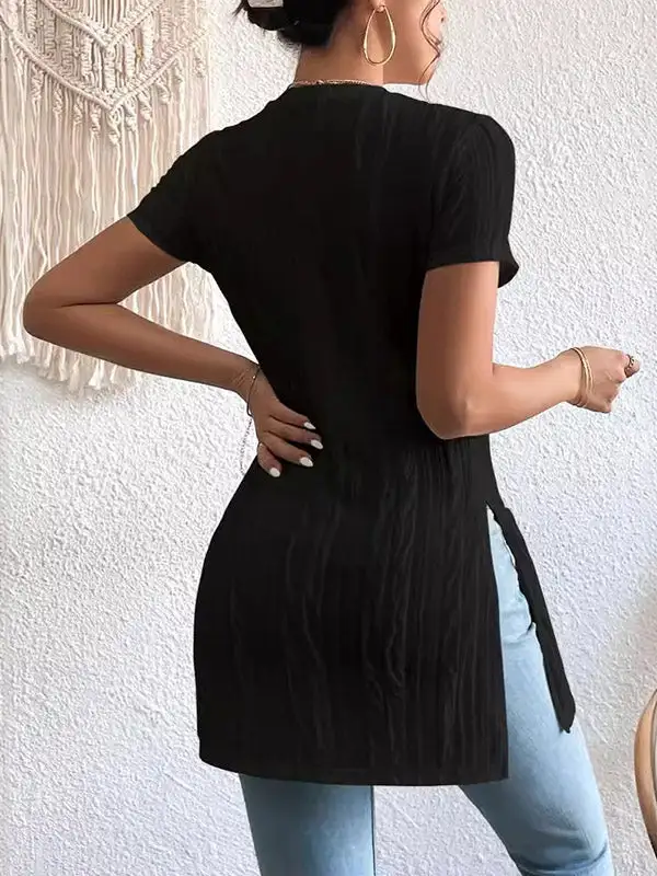 Short Sleeve Pleat Detail Panel Detail Side Slit Round Neck T-Shirt