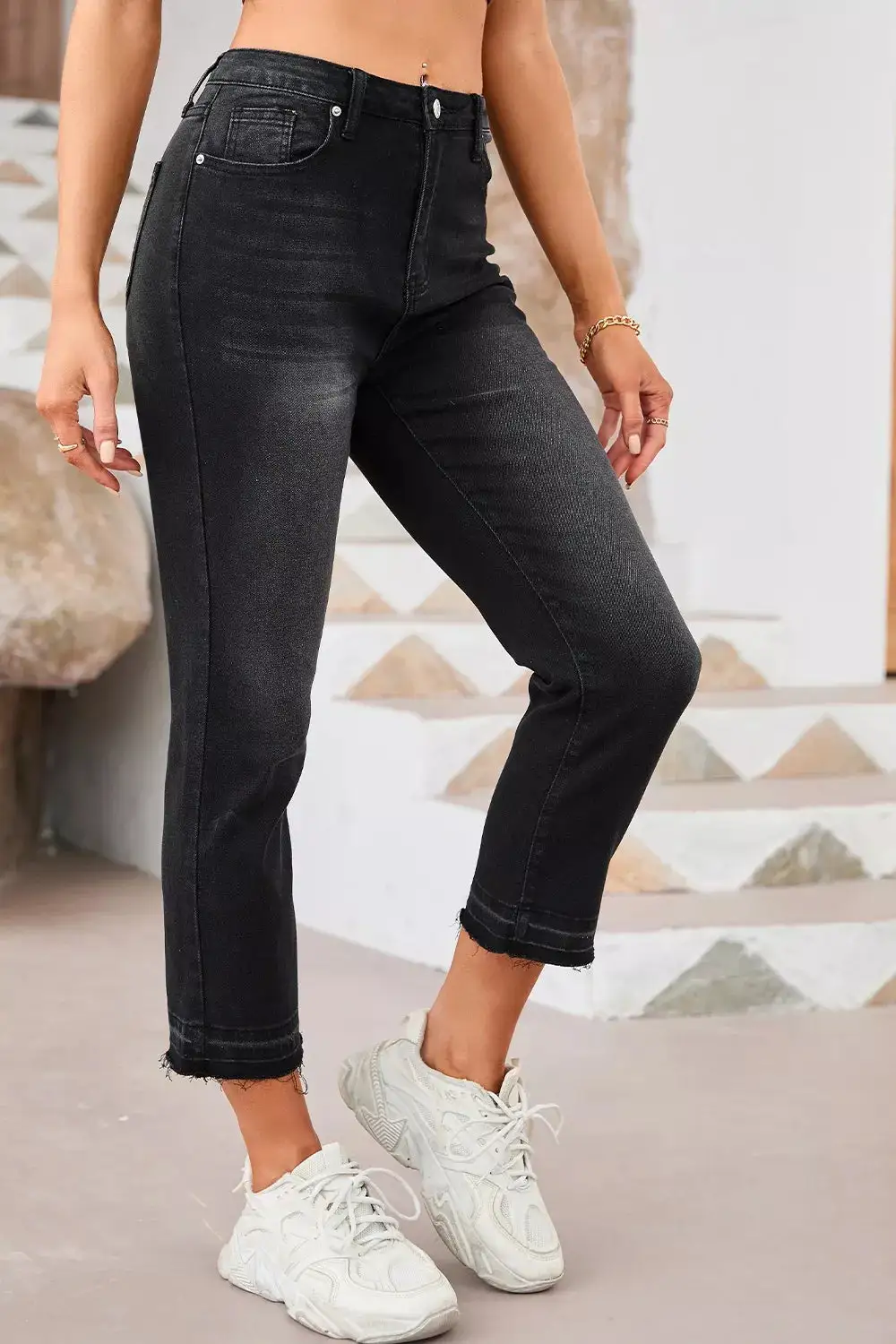 High Waist Straight Leg Distressed Denim Jeans