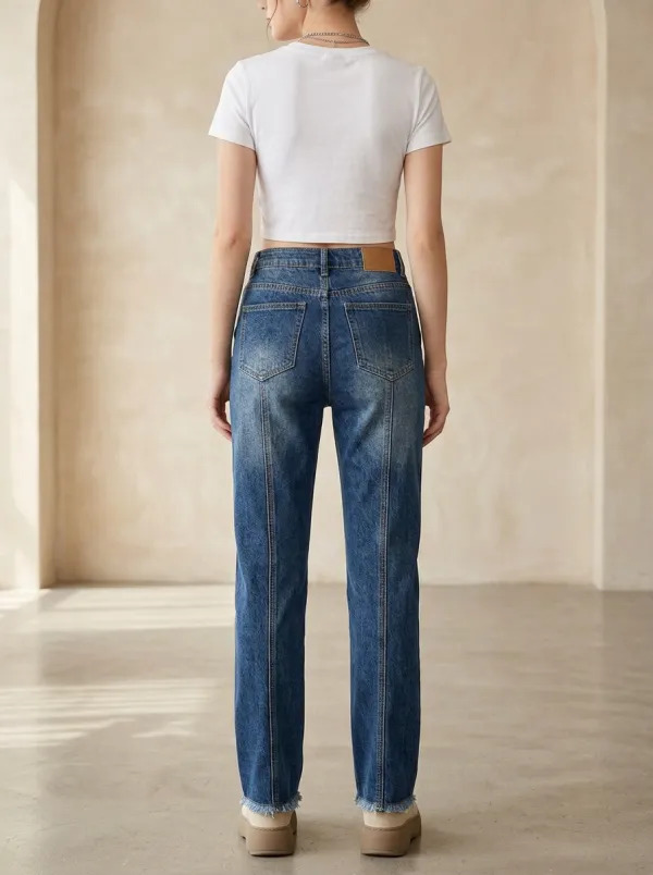 Women's High-Waisted Blue Denim Pocket Detail Straight Leg Jeans