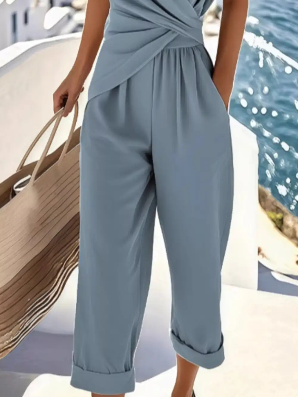 Full Size Twist Front V Neck Top and Pants Set Plus Size