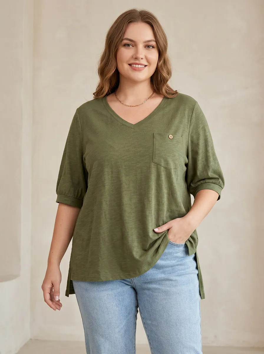 Women's Plus Size Olive Green V-Neck Pocket Tee