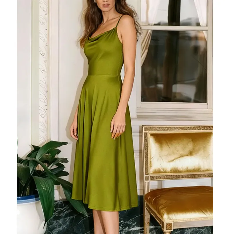 Satin Midi Slip Dress with Cowl Neck and Flared Hem