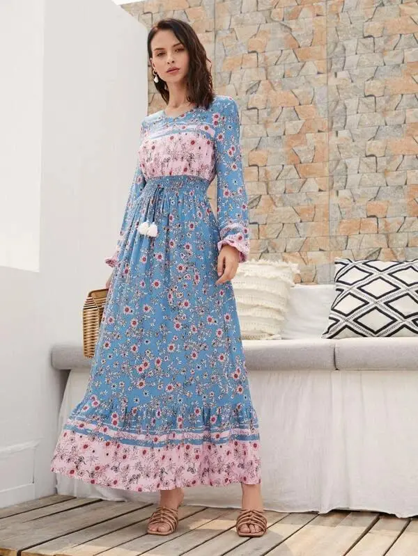Women Shirred Knot Waist Floral Dress