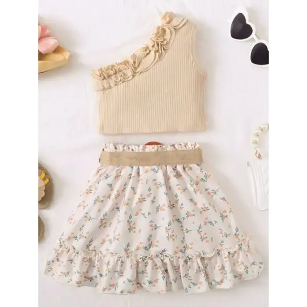 Single Shoulder Top and Printed Skirt Set