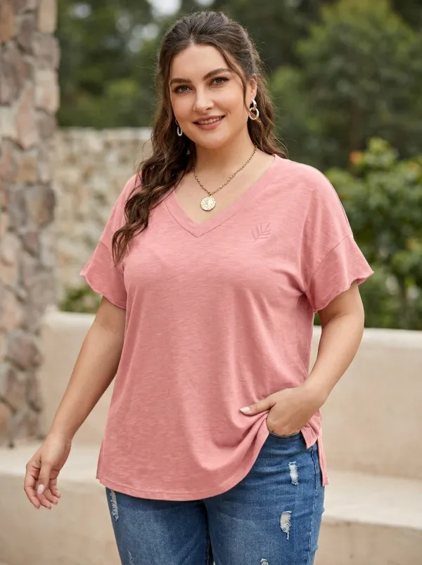 Women's Plus Size Leaf Embroidered Rust V-Neck Loose T-Shirt