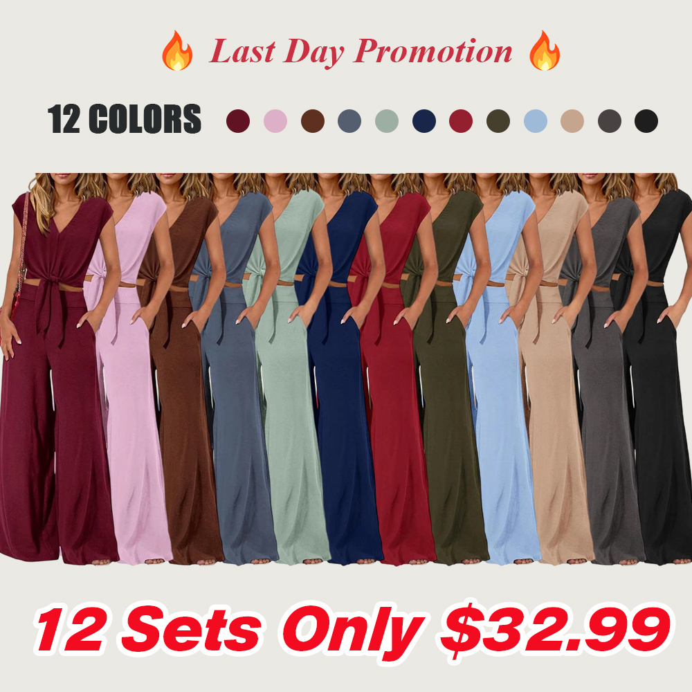 Women's two-piece tracksuit: short-sleeved V-neck cropped top with tie and wide-leg pants.