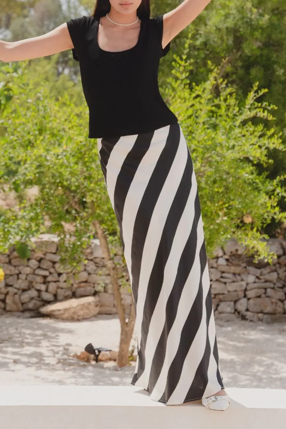 Black Stripe Satin Maxi Skirt