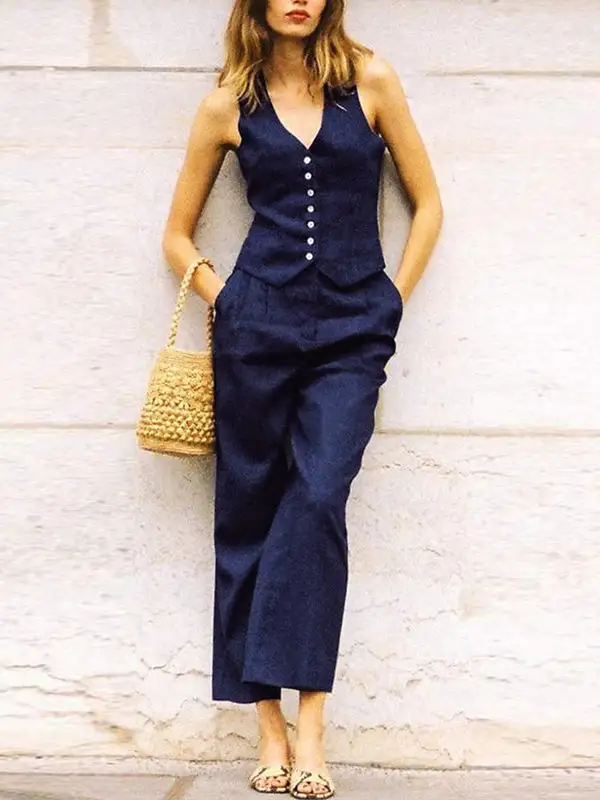 Sleeveless Buttoned Vest And Pants Set