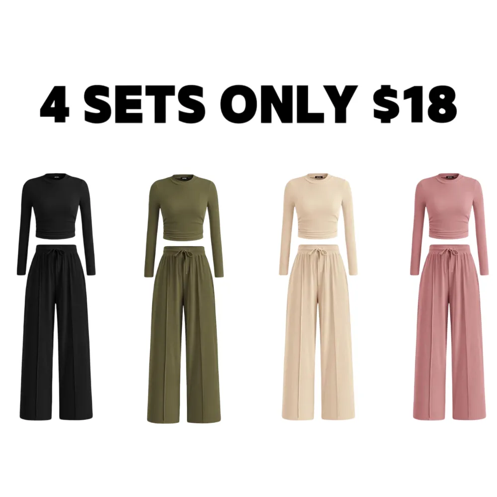 Ribbed Knit Set: Cropped Long-Sleeve Top and Wide-Leg Pants Casual Homewear Set
