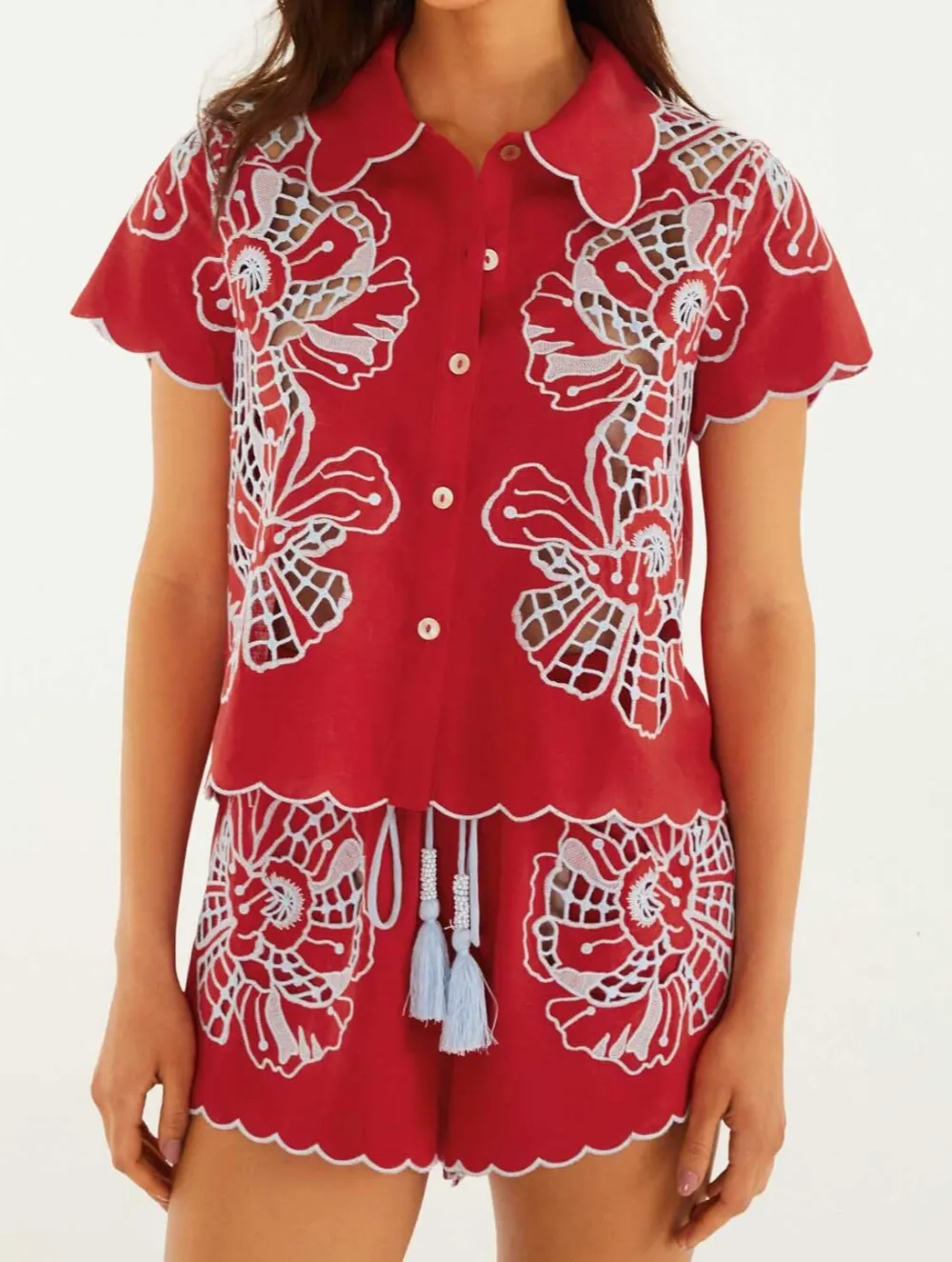 Embroidered Floral Short-Sleeve Button-Front Blouse