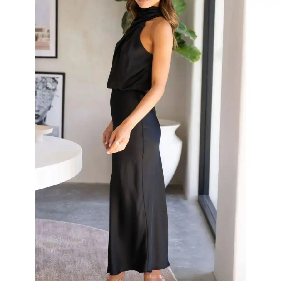 Asymmetrical Ruched Sleeveless Midi Dress