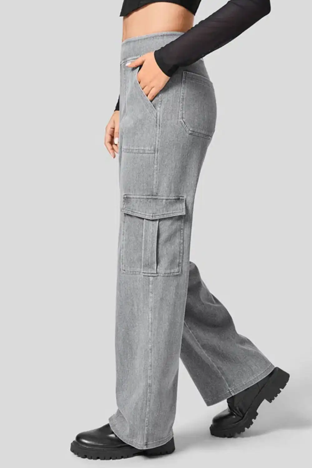 High Waist Straight Leg Cargo Denim Jeans