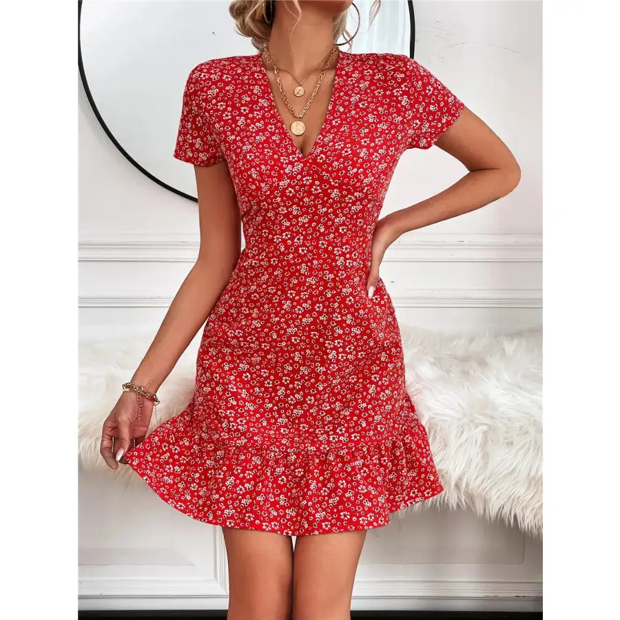 Ruffled Hem V-Neck Short Sleeve Mini Dress