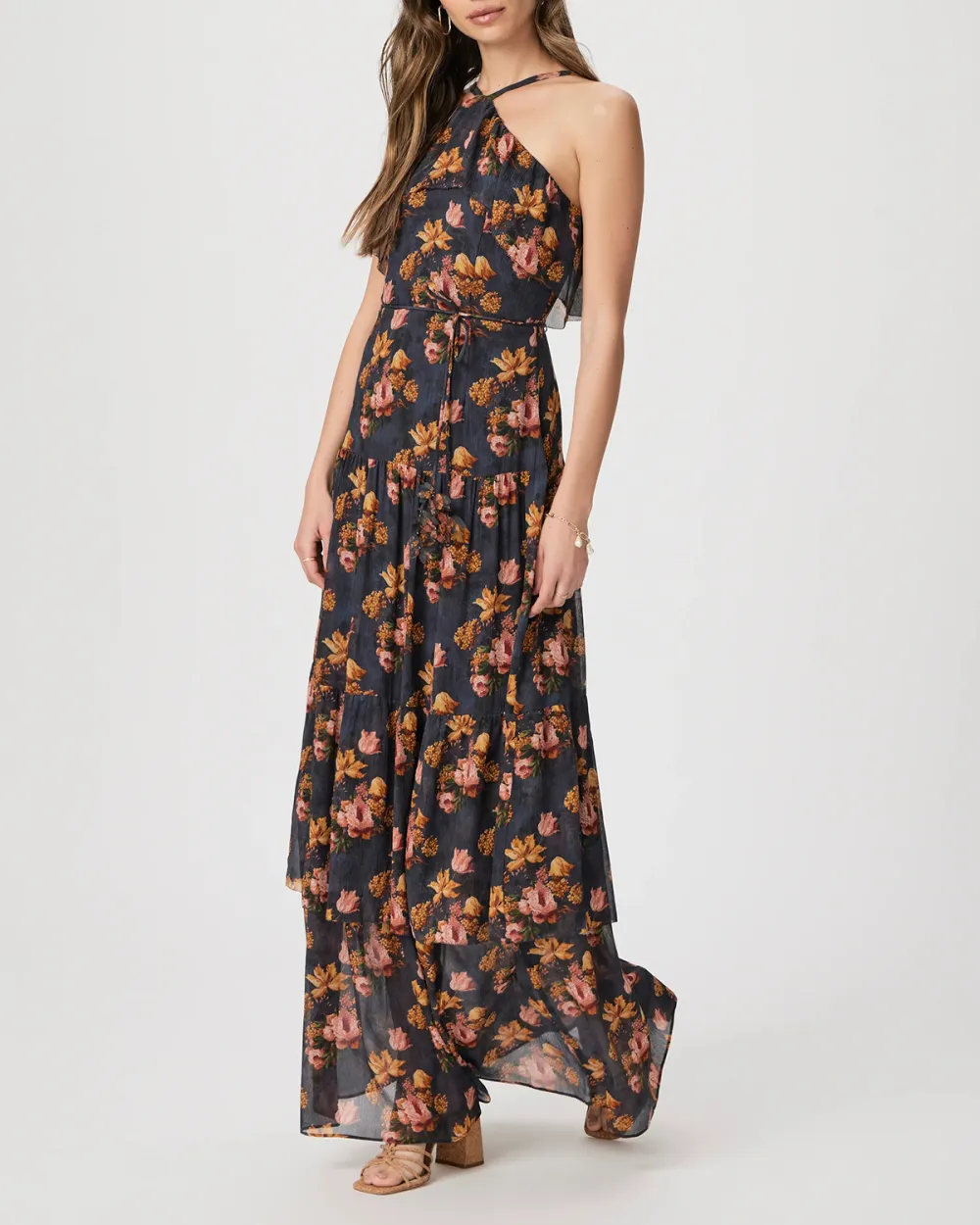 Navy And Orange Floral Print One Shoulder Maxi Dress