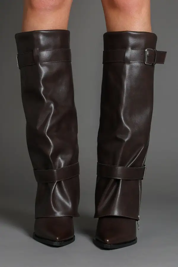 Classic Western Slouch Fold-Over Biker Knee High Boots