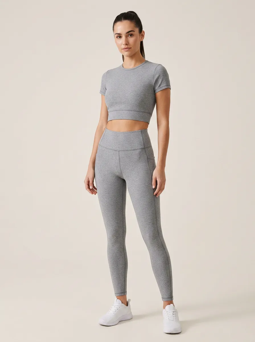 Women's Fitness Gym Workout Ribbed Grey Crop Top Leggings Set