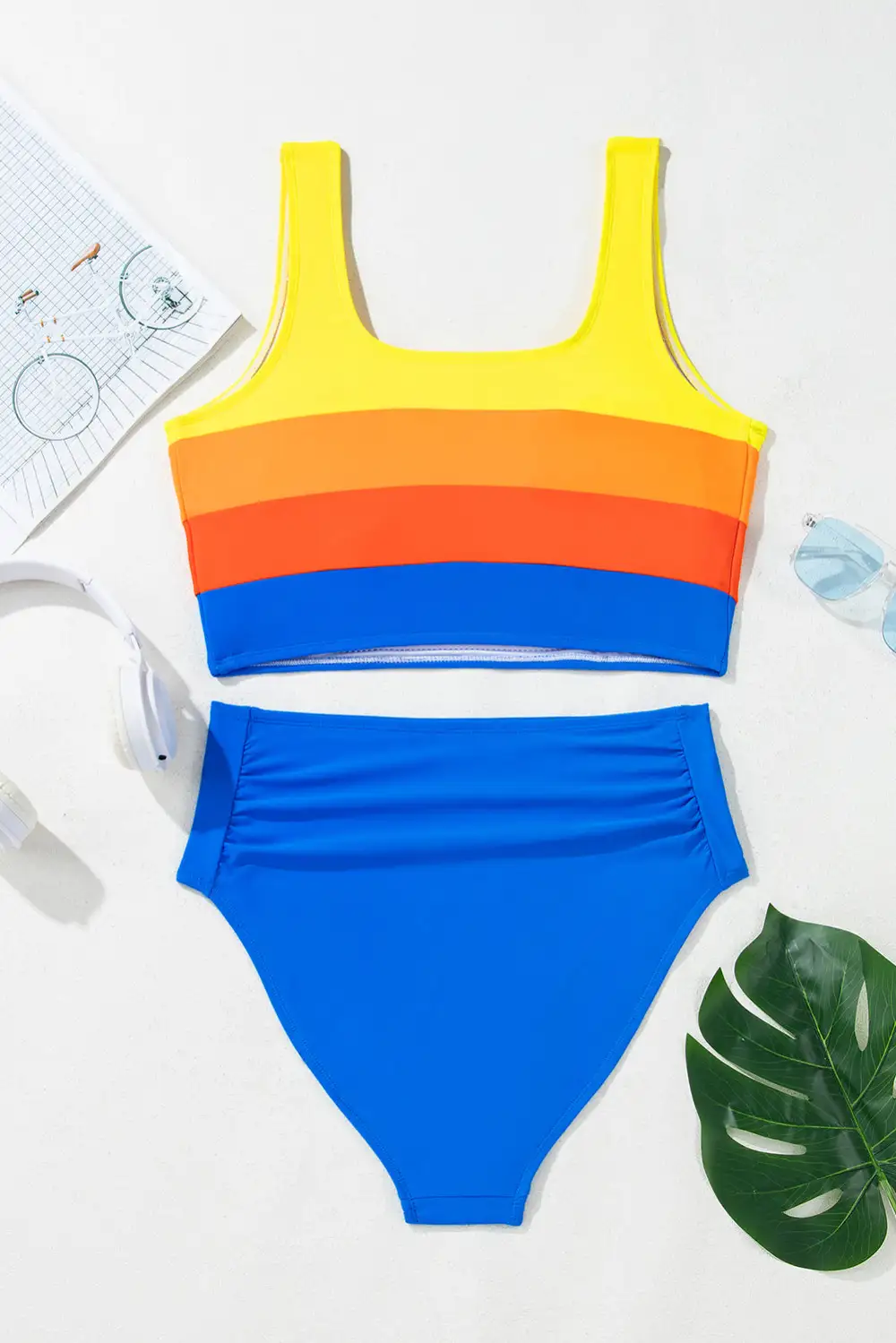Blocked Pattern Square Neck Top Bikini Swim Set