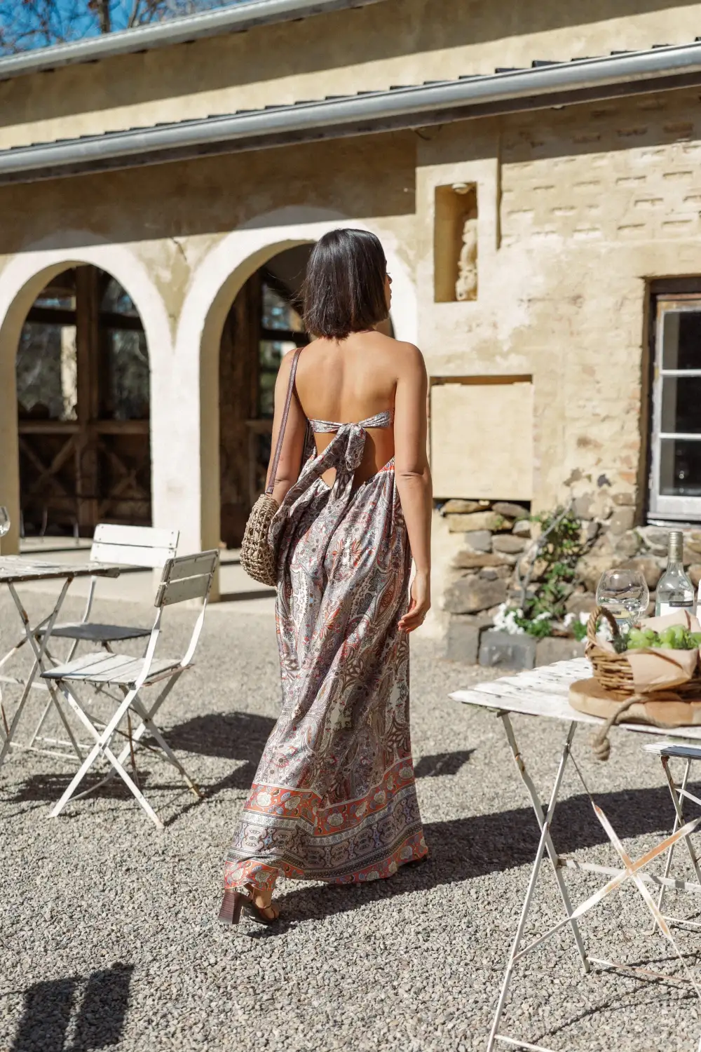 Strapless Open-Back Wide-Leg Printed Jumpsuit