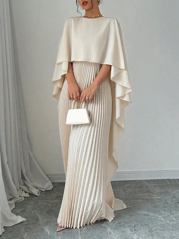 Versatile High Low Pleated Cape Maxi Dress