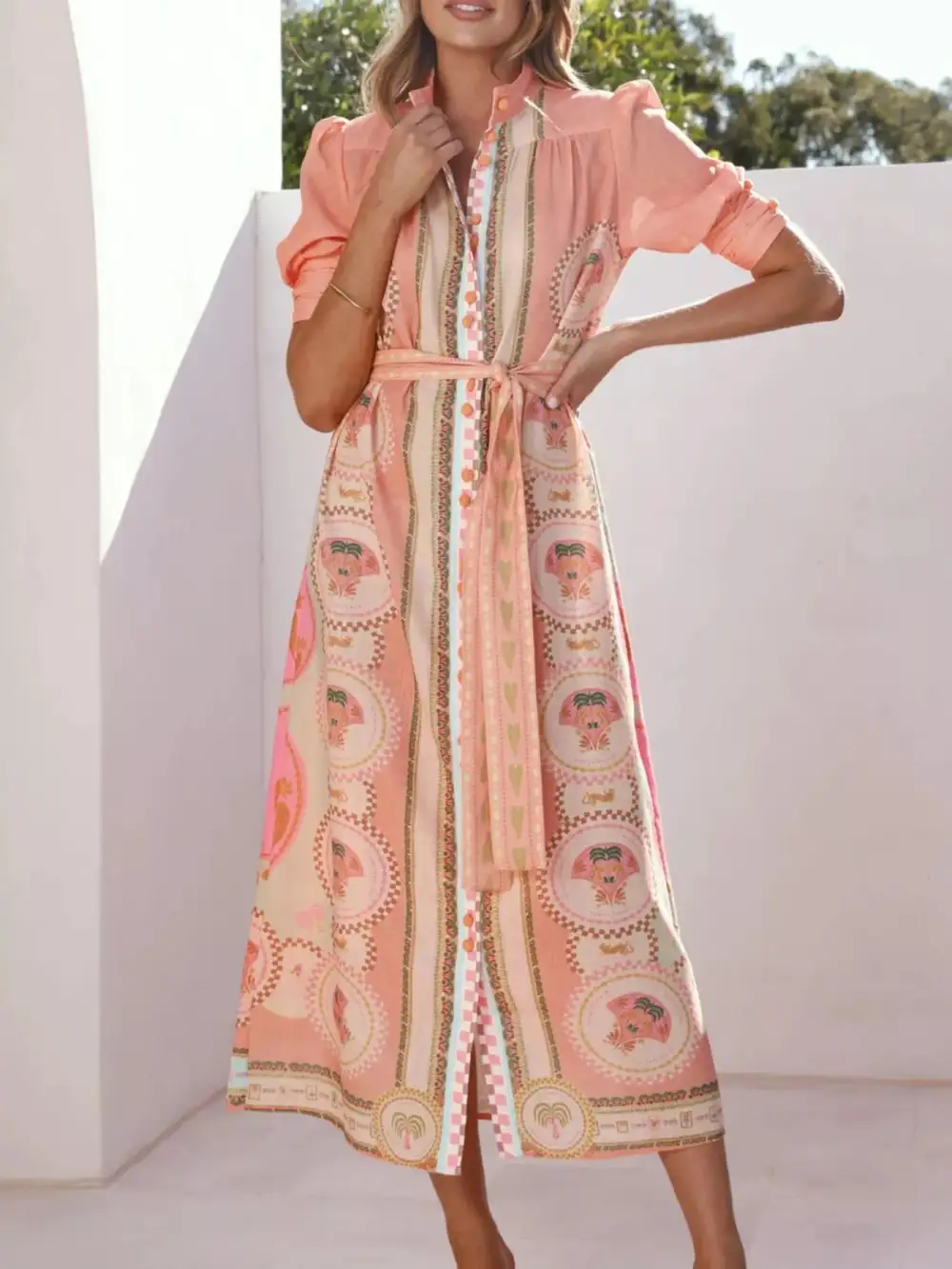 Printed Tie Waist Puff Sleeve Midi Dress