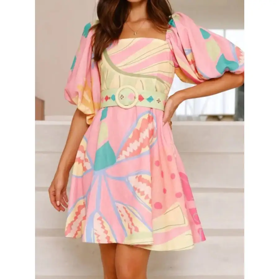 Colorful Print Belted Mini Dress with Puff Sleeves