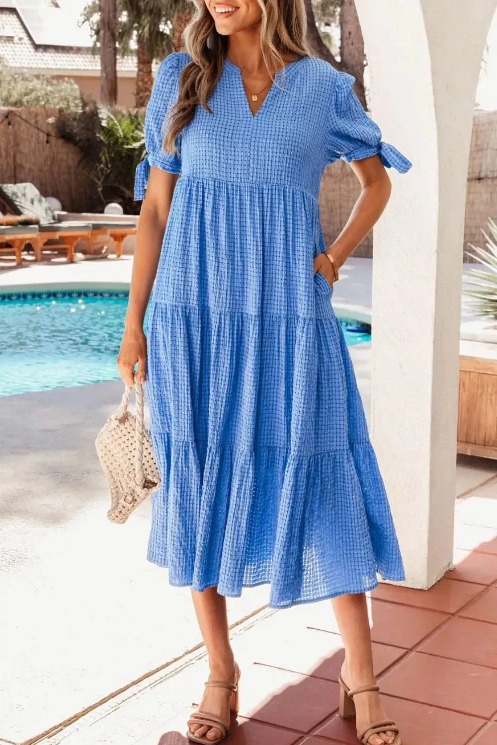 Notched Notched Short Sleeve Tiered Midi Dress