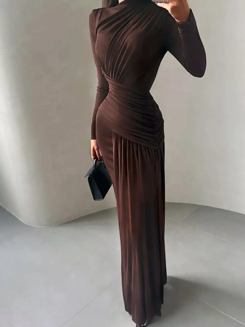 Polished Detail Ruched Long Sleeve Maxi Dress