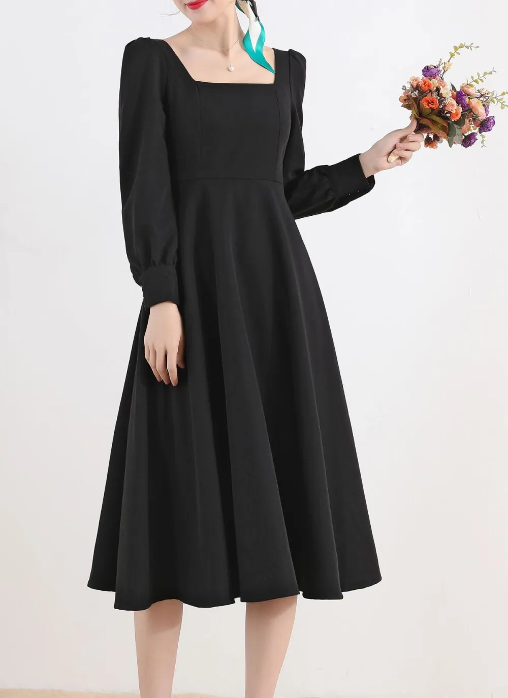 Linen Cotton Swing Long Sleeve Midi Dress