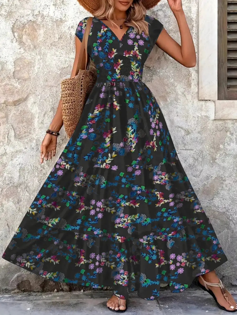 Smooth Finish Printed V Neck Maxi Dress