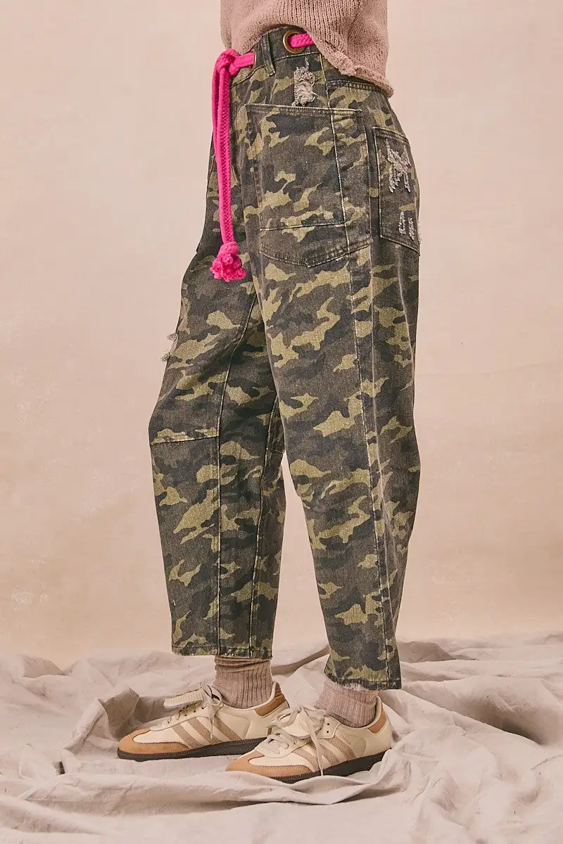 Sequin Camouflage Print High Rise Relaxed Fit Pants