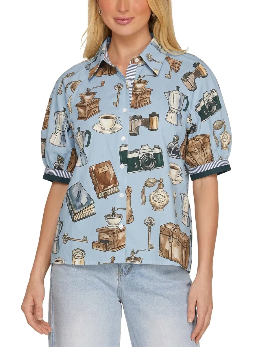 Women's Vintage Hobby Lover Camera Coffee Book Printed Shirt