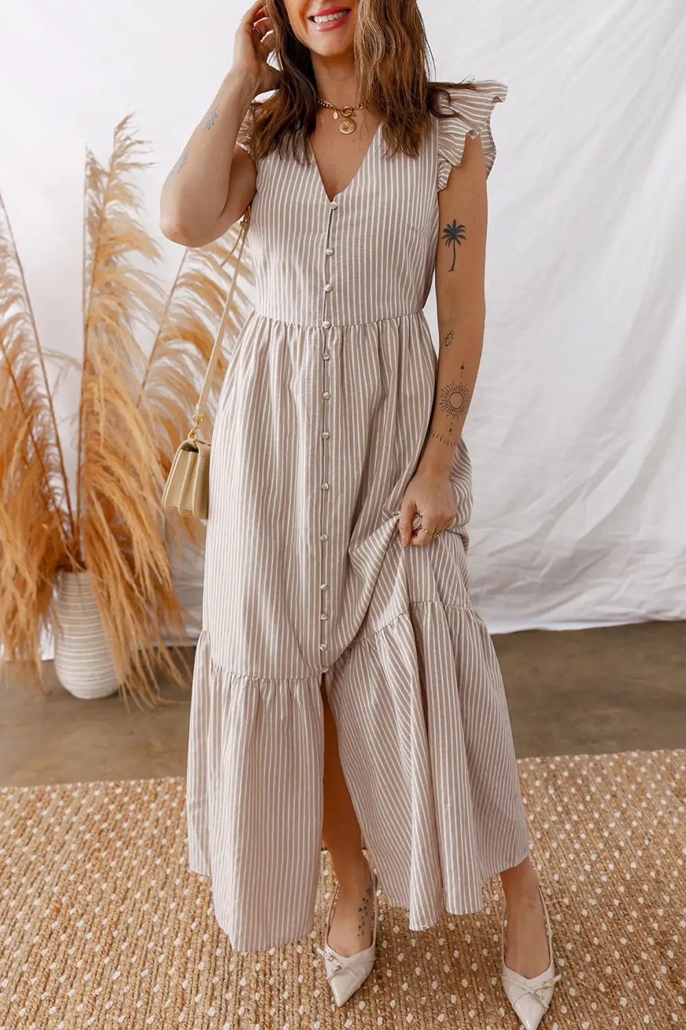 Striped Button Front Slit Maxi Dress