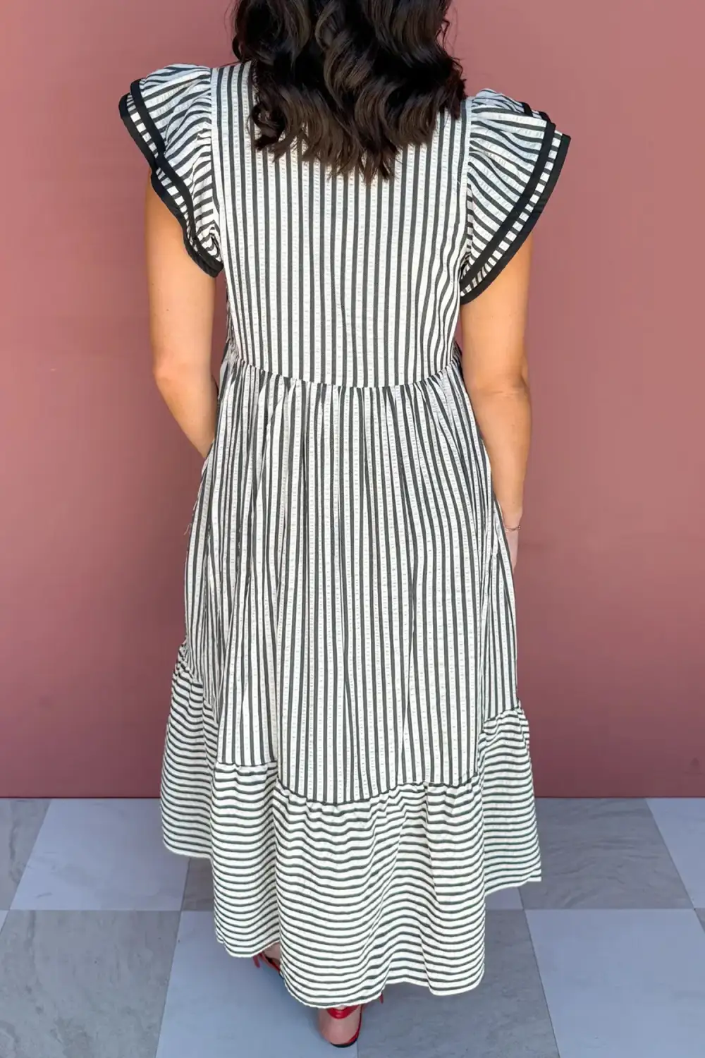 Striped V Neck Tiered Maxi Dress