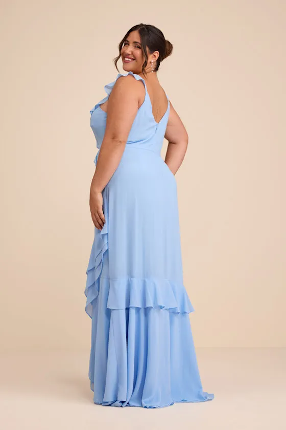 Charming Event Light Blue Asymmetrical Ruffled Maxi Dress