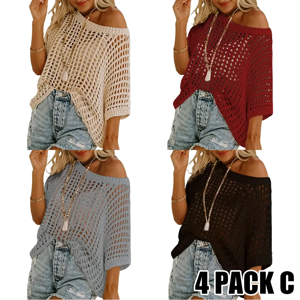 Women's Summer Scoop Neck Short Sleeve Sweater Casual Crochet Hollow Out Knit Tops Pullover Shirts Beach Coverup