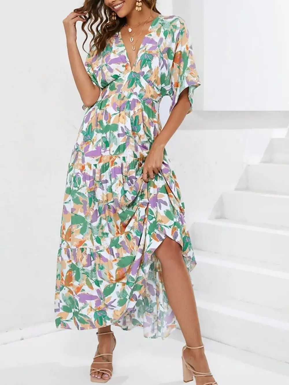 V-Neck Ruffle Hem Flowy Midi Dress