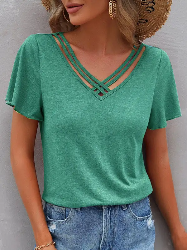 Relaxed Curve Fit Cutout Panel Detail V-Neck Polyester T-Shirt