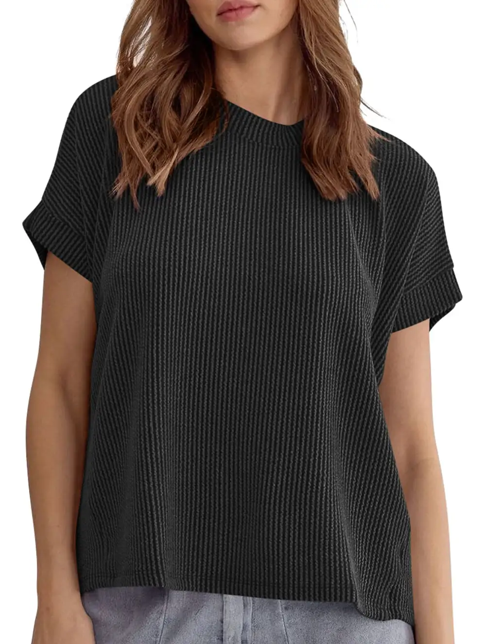 Ribbed Knit Crew Neck Tee